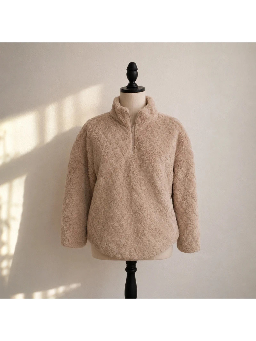 Kensie Women’s S Beige Teddy Sherpa Fleece Quarter Zip Pullover Cozy Soft